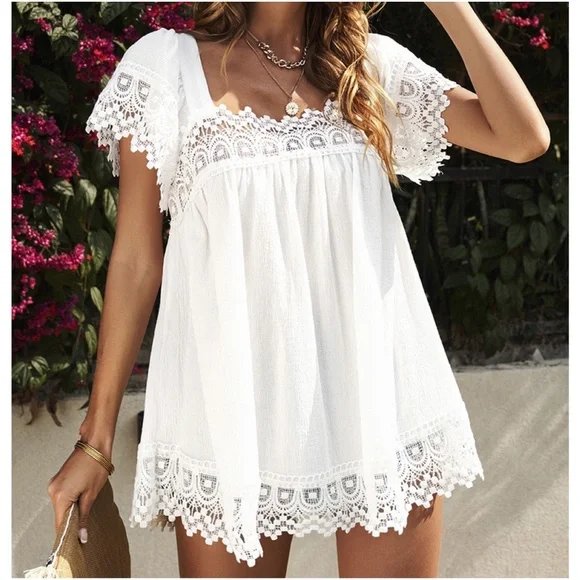 022 Boho White Lace Flowy Oversized Blouse - Picture 3 of 10